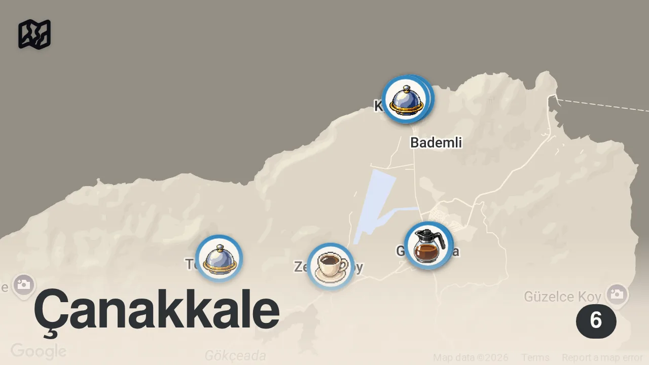 Map of 6 spots from GÖKÇEADA LEZZETLERİ (Sirken otu kavurması, çam mantarı, balık simidi) - Ayaküstü Lezzetler