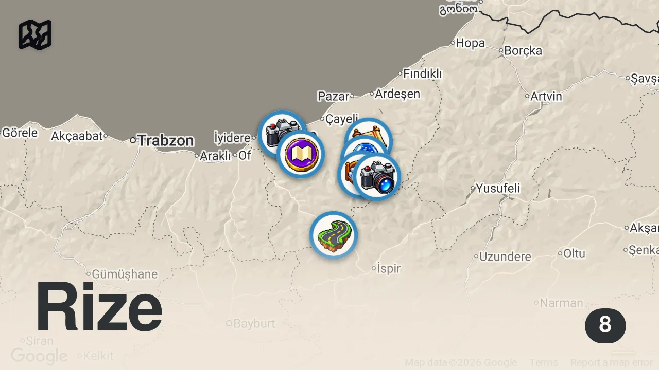 Map of 8 spots from Eşsiz Doğasıyla Rize'de Keşif Dolu Bir Gün! - @AlpKirsanlaBirYolculukHikayesi