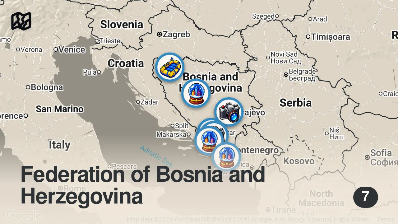 Map of 7 spots from 🇧🇦 Bosnien und Herzegowina: Sarajevo, Mostar, Jajce und die wilde Una | 4K DOKU