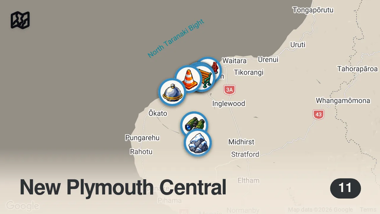 Map of 11 spots from 48 Hours in New Zealand's Most Underrated City | New Plymouth Travel Guide