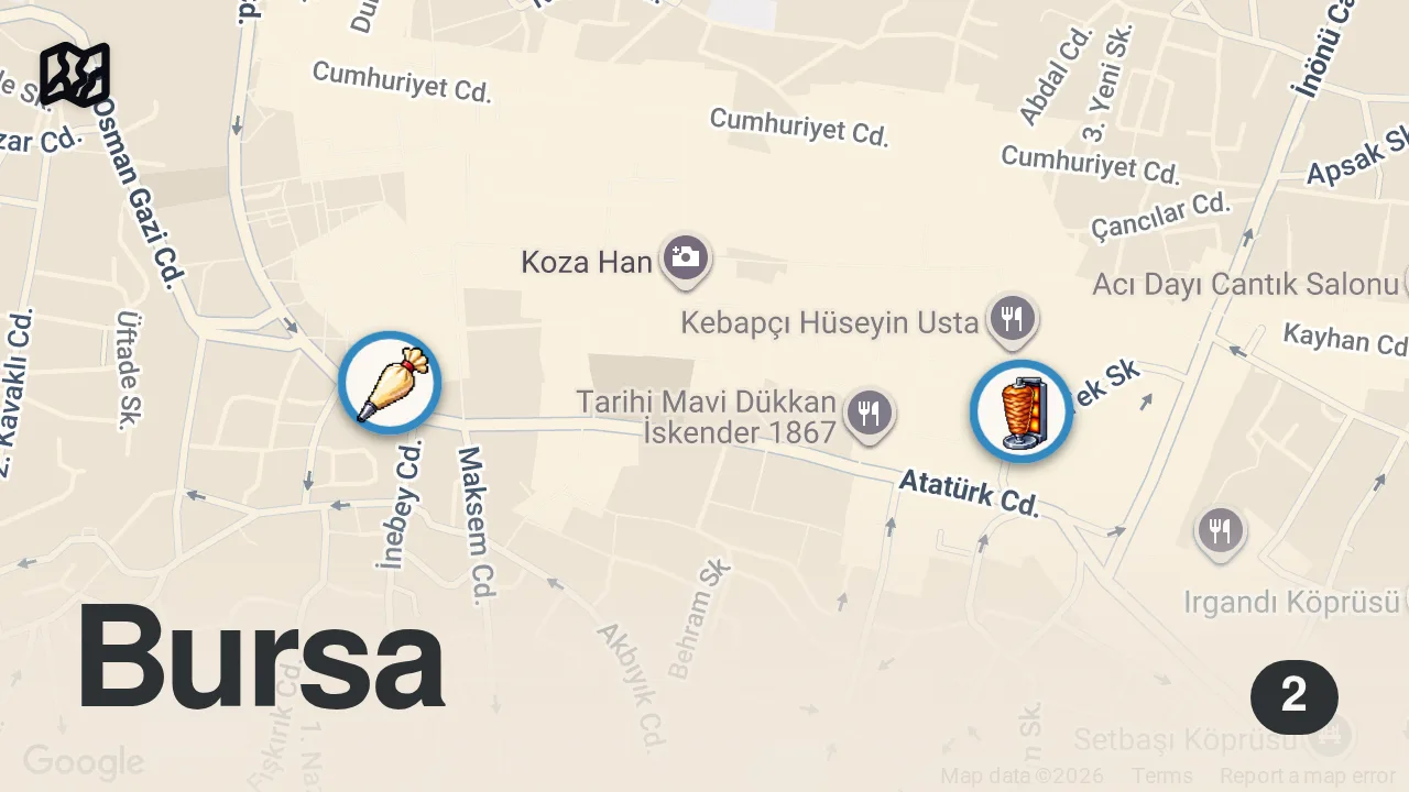 Map of 2 spots from BURSA’NIN 100 YILLIK LEZZET MEKANLARI ! 😋🌿 #gezi #food #bursa #turkey #vlog
