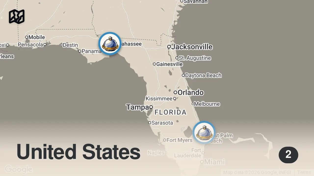 Map of 2 spots from Eating at Florida's Most Popular Restaurants for 24 Hours!