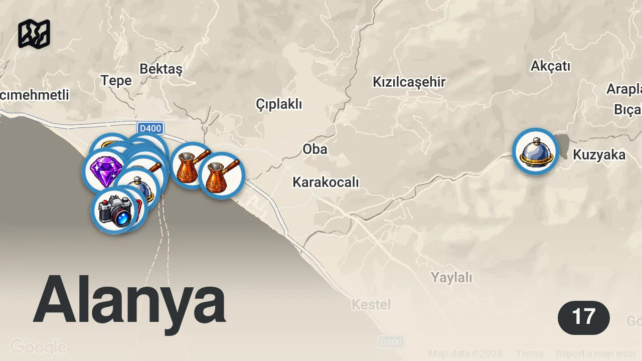 Map of 17 spots from ALANYA’DA 1 GÜNDE NE YENİR!!! BİR GÜNDE DÜNYALARI YEDİM!!!