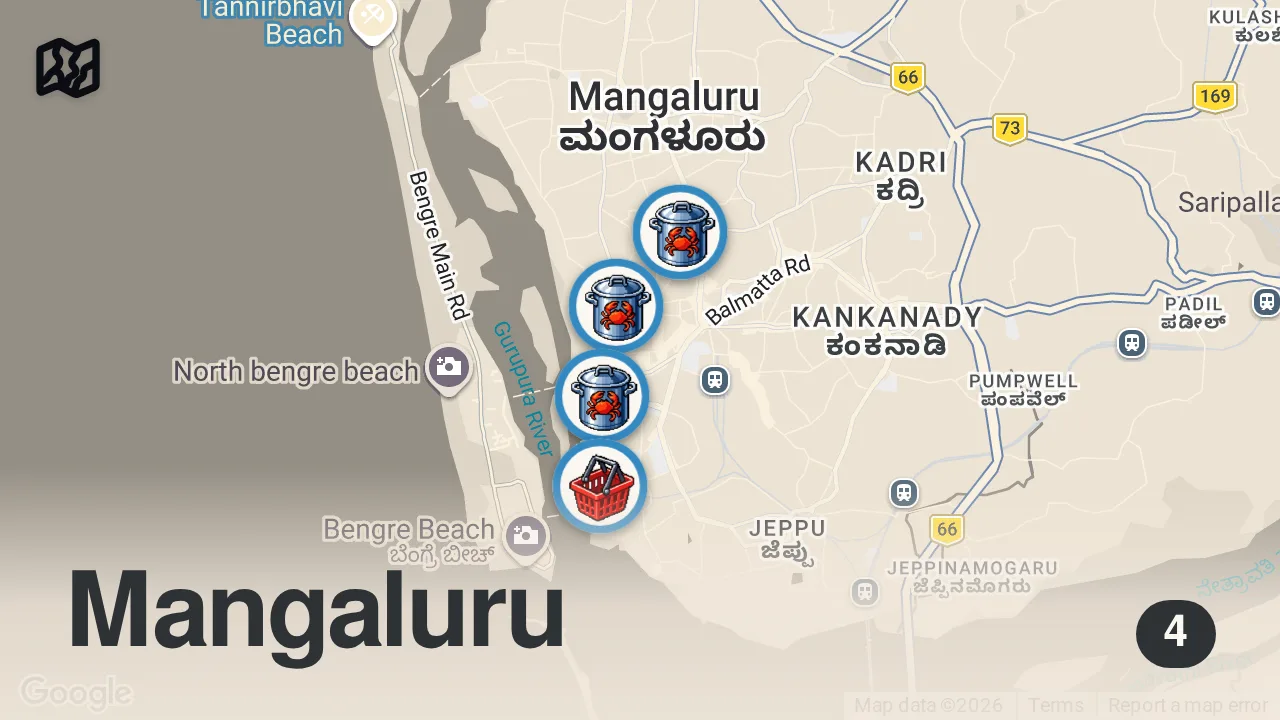 Map of 4 spots from Back in India!! 🇮🇳 INDIAN SEAFOOD HEAVEN + Ultimate Food Tour in Mangalore!