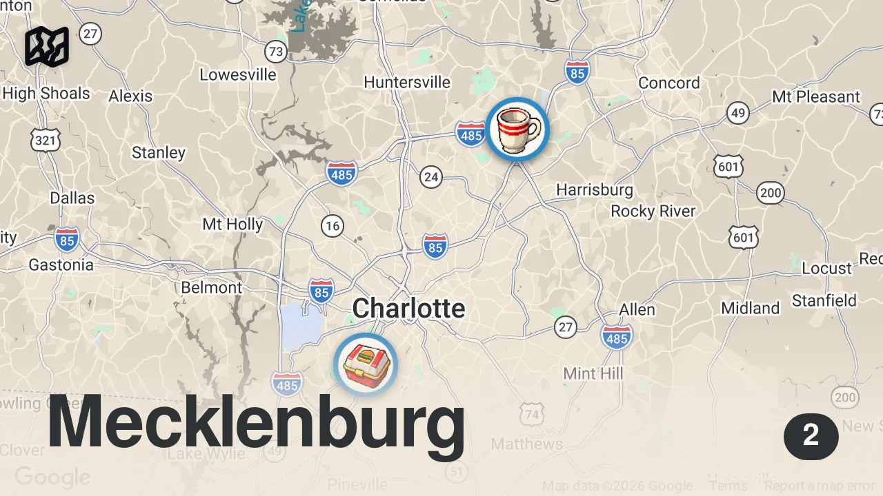 Map of 2 spots from Eating at Fast Food Restaurants I've NEVER Heard Of (North Carolina)