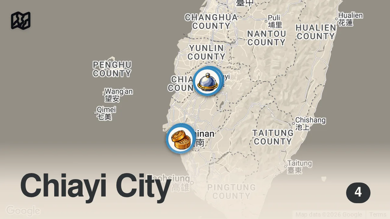 Map of 4 spots from How much I eat in a day to cycle around Taiwan! (a TON)