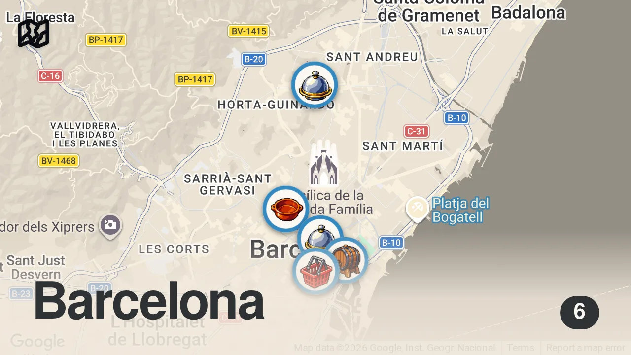 Map of 6 spots from BARCELONA Food Guide! 10 Great Places to Eat