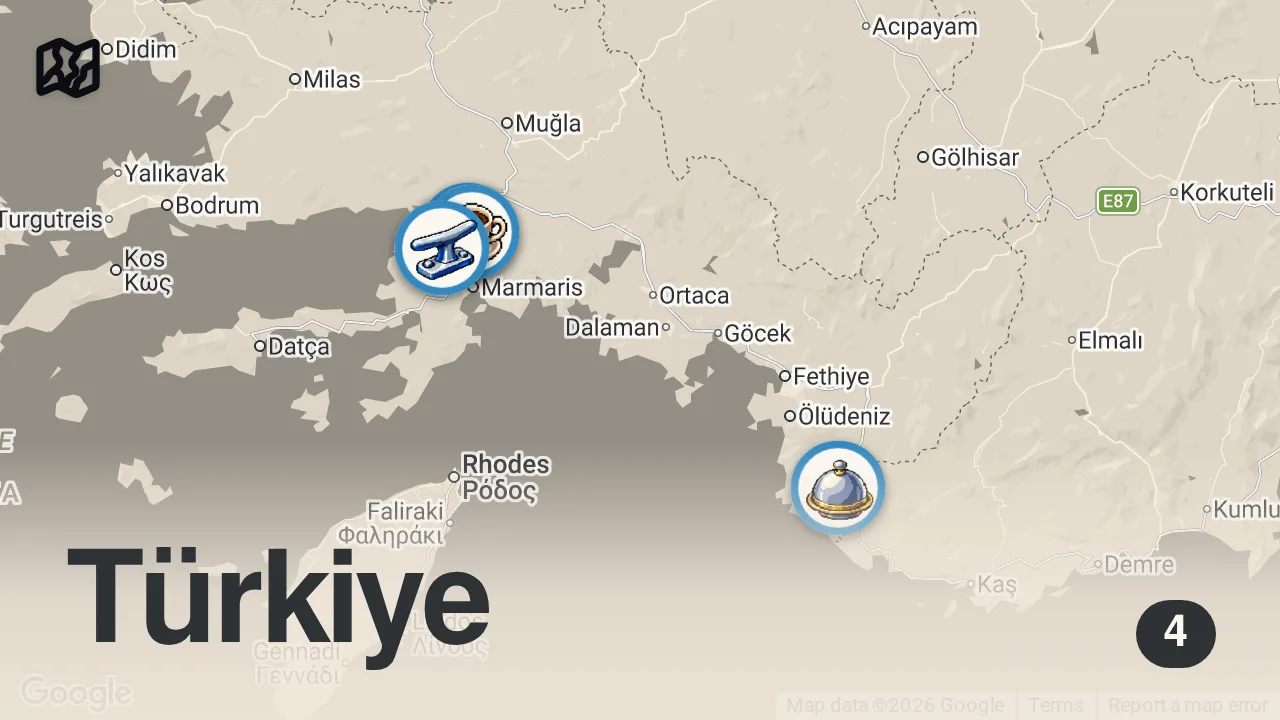Map of 4 spots from A ROUTE STORY: Çamlı Village & Löngöz Bay | The Restaurant Without Electricity, Strawberry Garden...