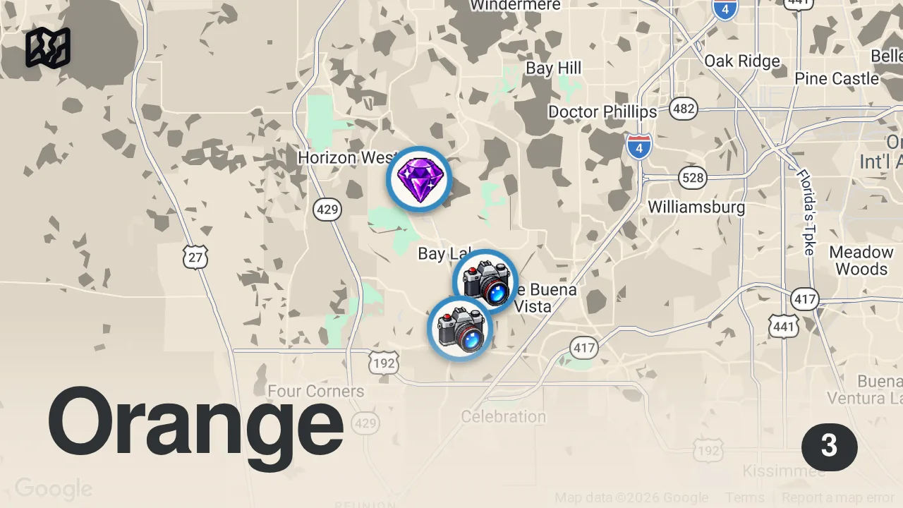 Map of 3 spots from Eating food that costs the same amount as WAIT TIMES at Disney World #shorts