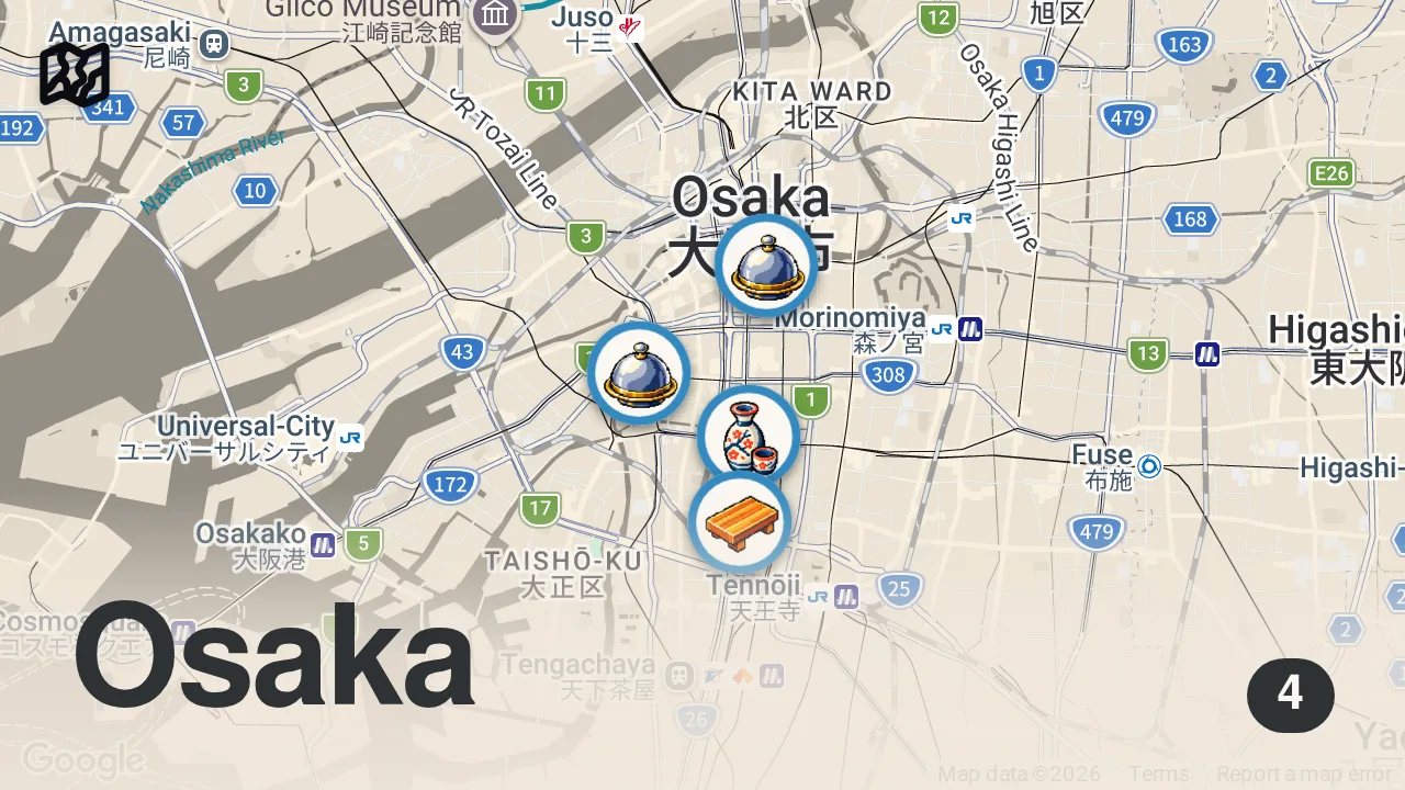 Map of 4 spots from Best Japanese Food in Osaka!! 🇯🇵 300 Year Old Eel Restaurant! | Osaka, Japan