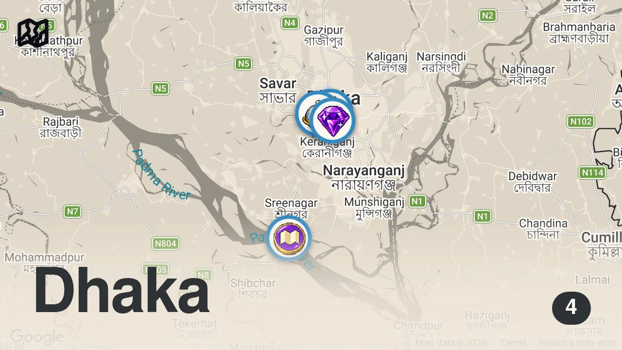 Map of 4 spots from First Time in Bangladesh!! 🇧🇩 VOLCANO MUSTARD FISH FRY + Street Food in Dhaka!!