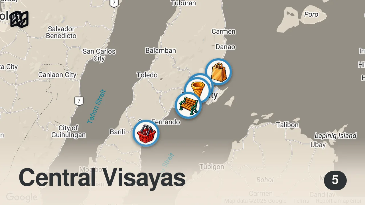 Map of 5 spots from 20 Must Try Filipino Street Foods in Cebu Philippines 🇵🇭