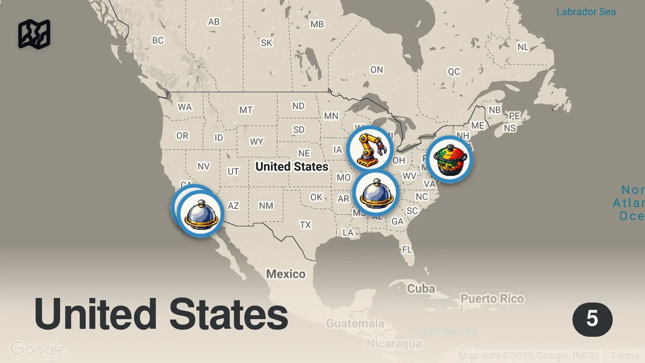 Map of 5 spots from America's 10 Best New Restaurants for 2026 (The Bistro Is Back)