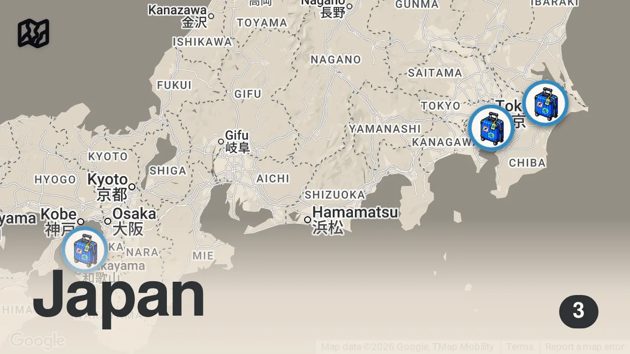 Map of 3 spots from How to Plan Your First Trip to Japan - 2026 Edition