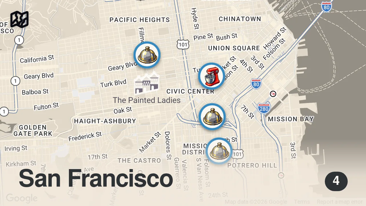 Map of 4 spots from 12HRS in SAN FRANCISCO - A Michelin Chef Shows Us His Favorite Restaurants