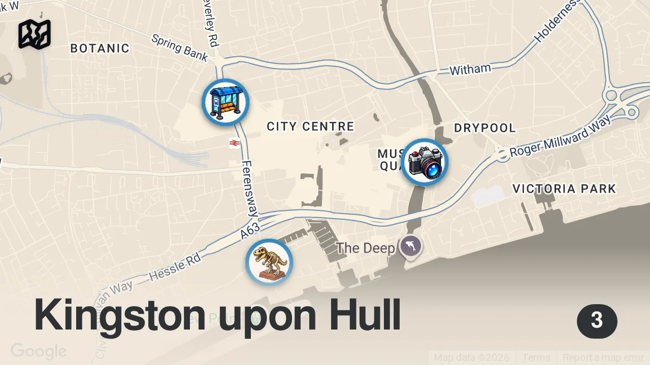 Map of 3 spots from HULL: UK CITY OF CULTURE 2017 | ENGLAND TRAVEL VLOG #5