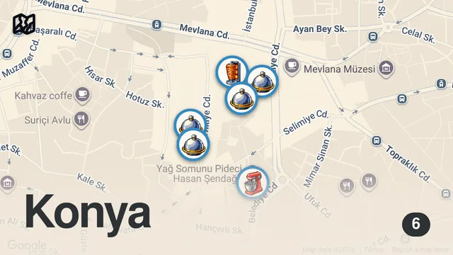 Map of LEVEL 9999 Street Food in KONYA 🇹🇷 | Making the LONGEST Pide + INSANE Street Food in Turkey