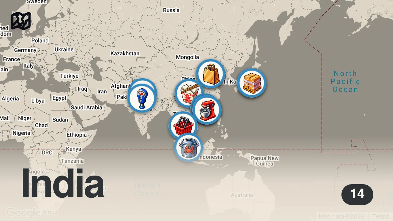 Map of 14 spots from Eating Around Asia | Bizarre Foods with Andrew Zimmern | Travel Channel