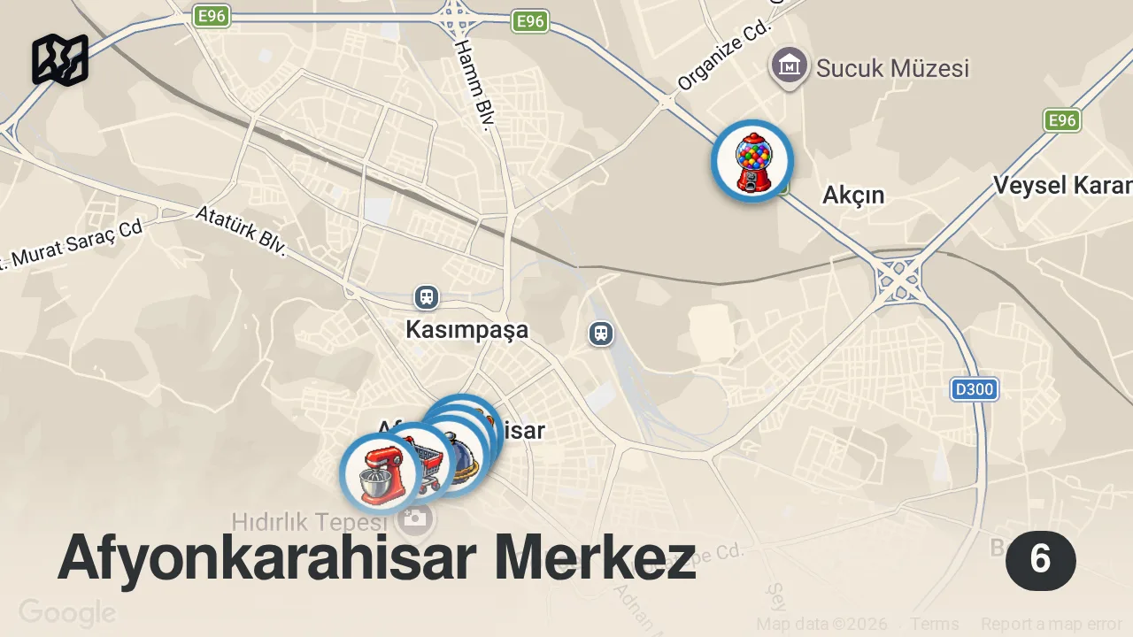 Map of 6 spots from AFYONKARAHİSAR LEZZET REHBERİ (Bükme, kuzu kebabı, keşkek, sucuk döner, lokum) - Ayaküstü Lezzetler