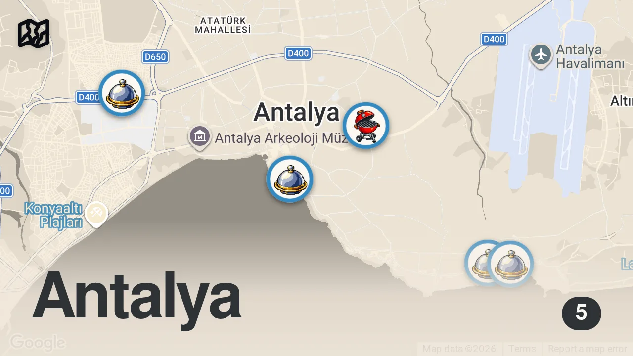 Map of 5 spots from ANTALYA GECE YEMEKLERİ / SOKAK LEZZETLERİ
