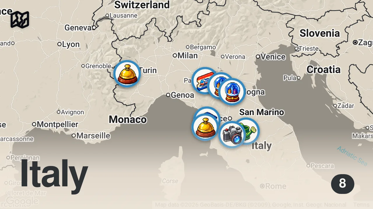 Map of 8 spots from Come funziona l’Italia: viaggio tra regioni, province, comuni e città! (podcast 172)
