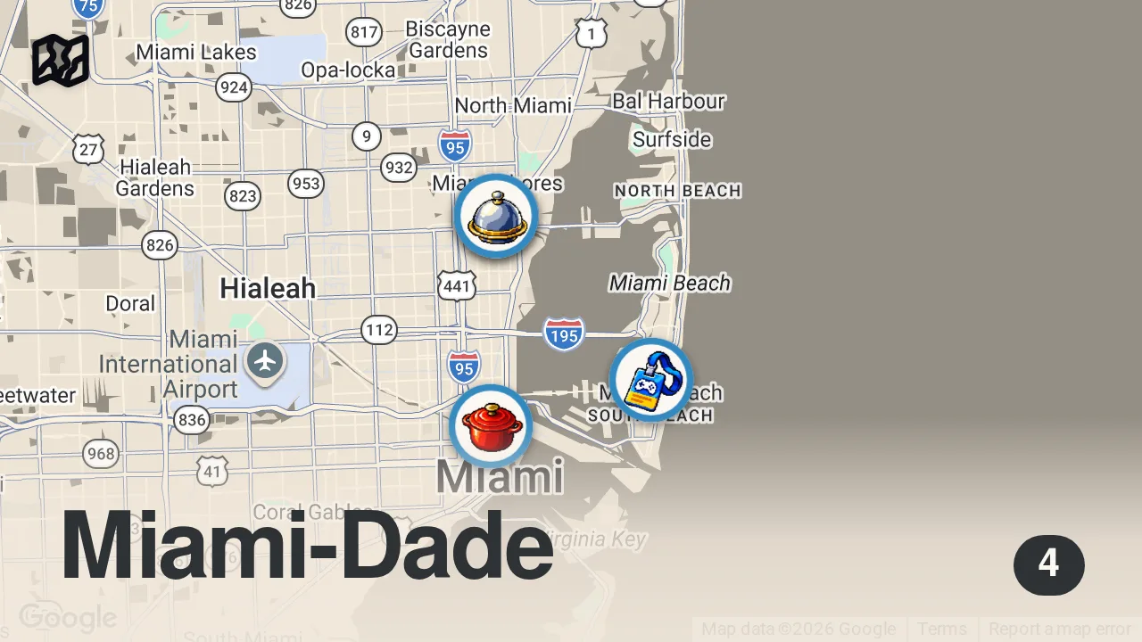 Map of 4 spots from Eating at VIRAL Miami Food Court! ($100 challenge)