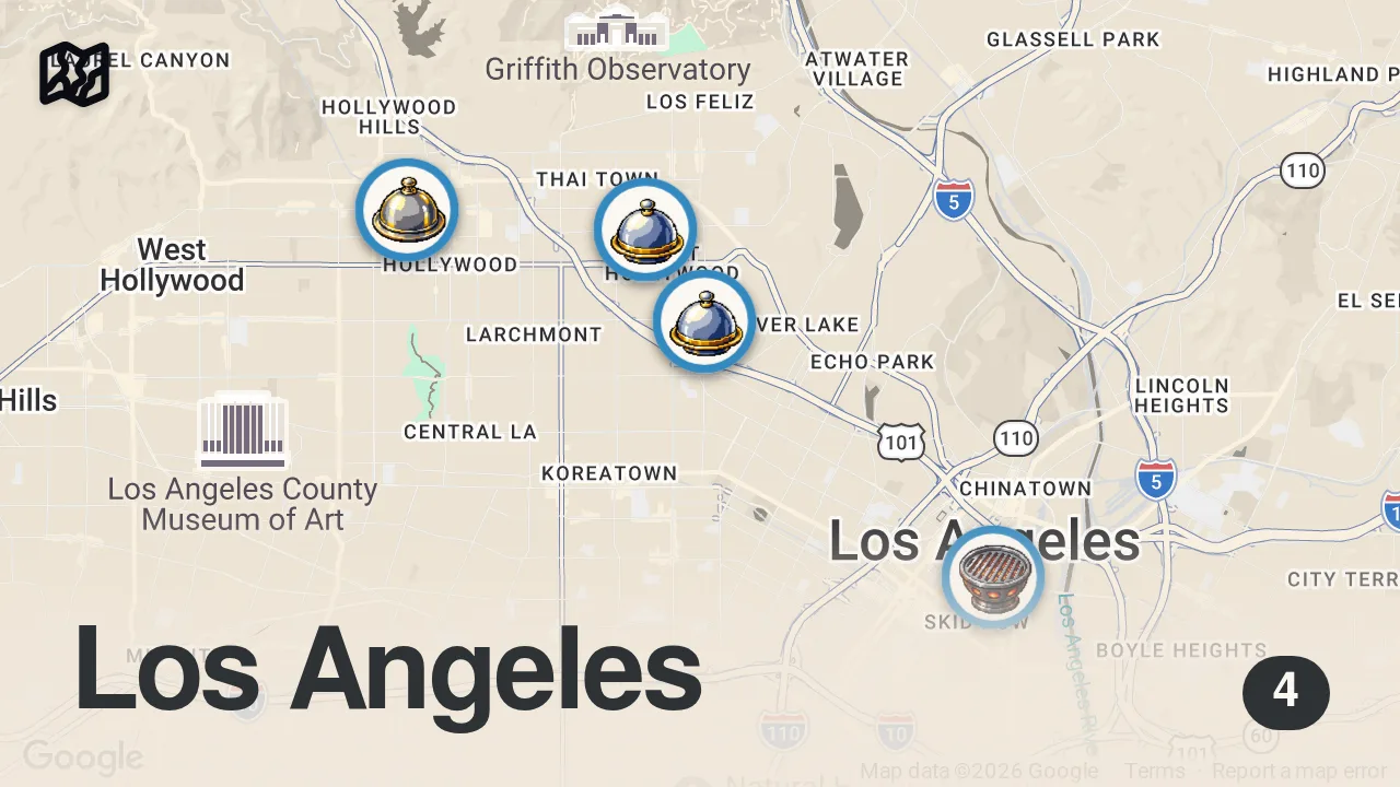 Map of 4 spots from 12HRS in LOS ANGELES -  Michelin Chef Curtis Stone Shows Us Where He Eats ft. Oyster Bar, Izakaya...