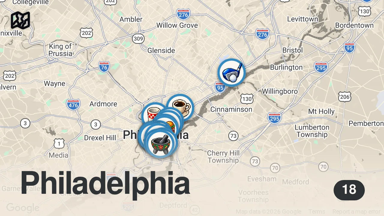 Map of 18 spots from 20 MUST EAT Restaurants in Philadelphia! NOT Cheesesteaks (restaurant guide) | Jeremy Jacobowitz