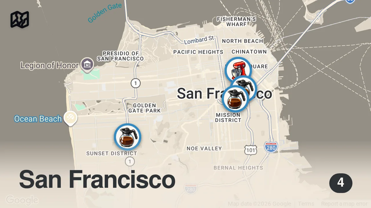 Map of 4 spots from Best Instagram Worthy Coffee Shops San Francisco