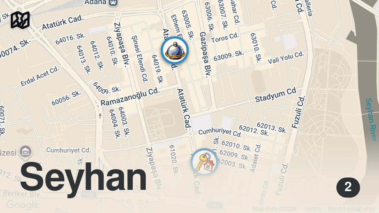 Map of 2 spots from Adana’da tek meşe odununda yaprak et döner🪵🔥😍 #yemeustasi #reklam