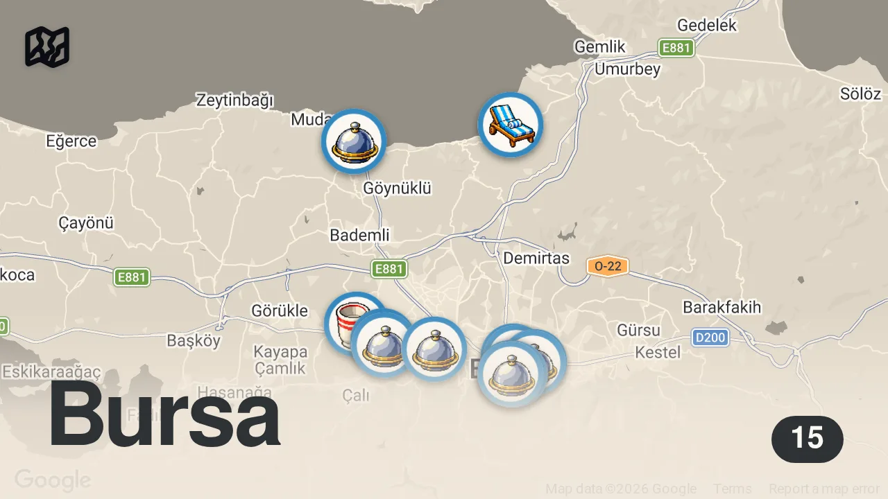 Map of 15 spots from BURSA’DA 1 GÜNDE NE YENİR!!!