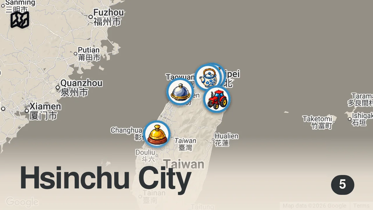 Map of 5 spots from How much I eat to cycle 115km across Taiwan! (a LOT)