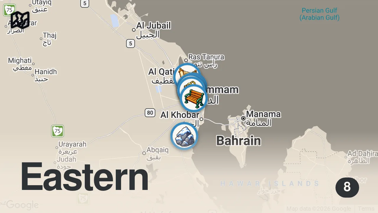 Map of 8 spots from ๐ 8 Best Places to Visit in Dammam, Saudi Arabia | Top Attractions ๐
