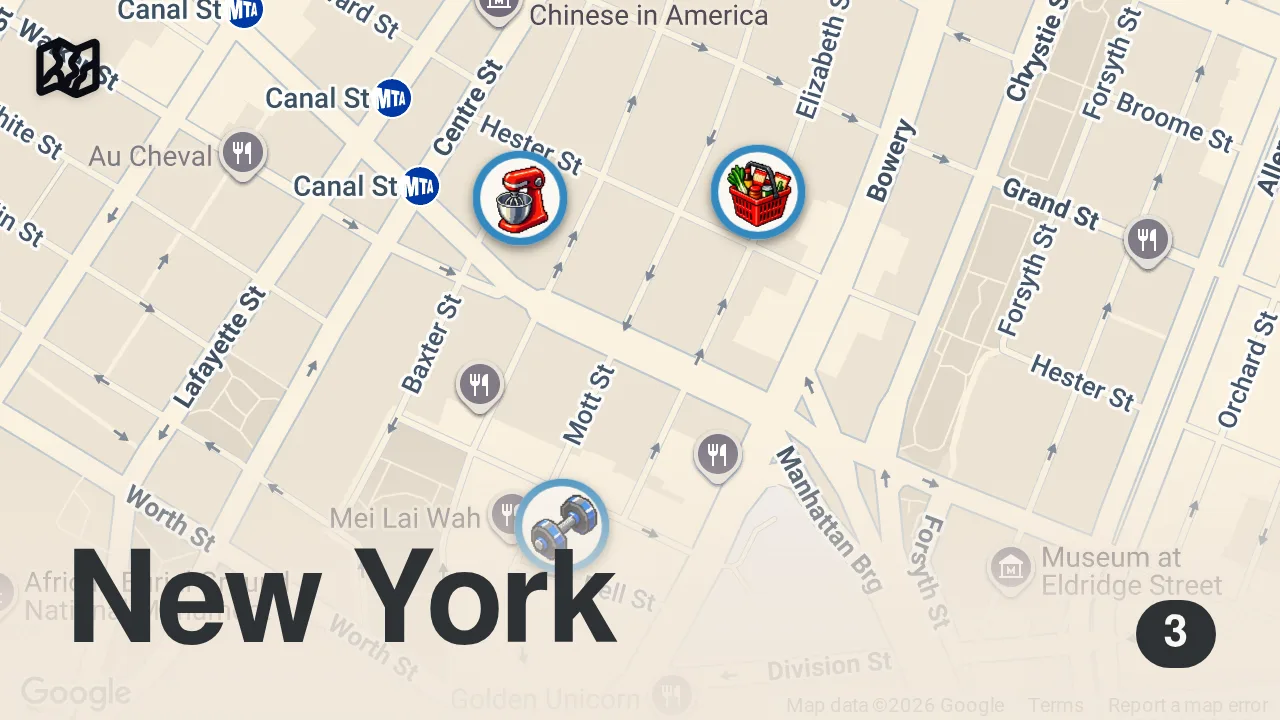 Map of 3 spots from 1 day. 3 meals. $15. Chinatown.