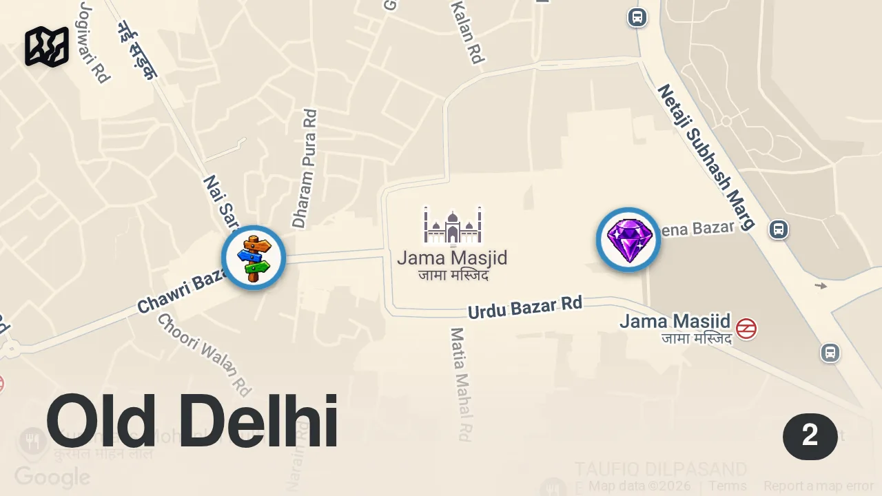 Map of 2 spots from Best Kebabs in Old Delhi | Must-Try Street Food Near Jama Masjid & Chandni Chowk