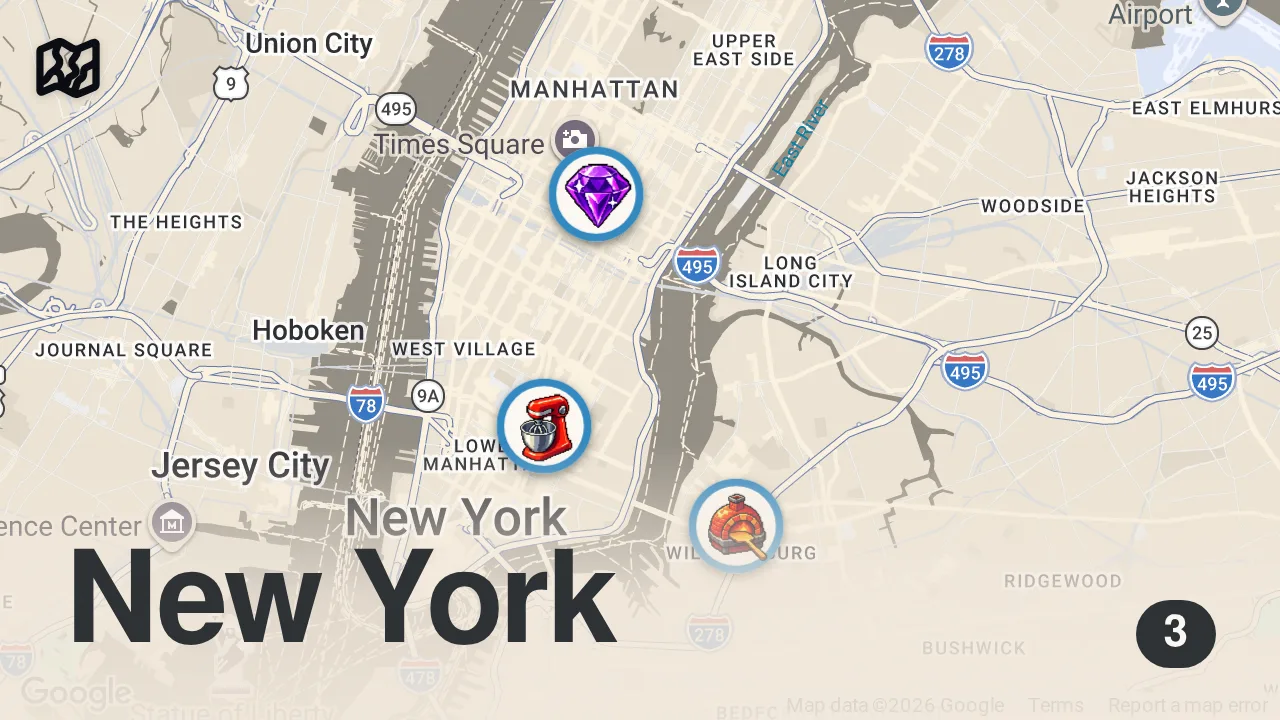 Map of 3 spots from Eating NYC’s MOST VIRAL FOODS for a full day!! 🥓🍕🍝 #shorts
