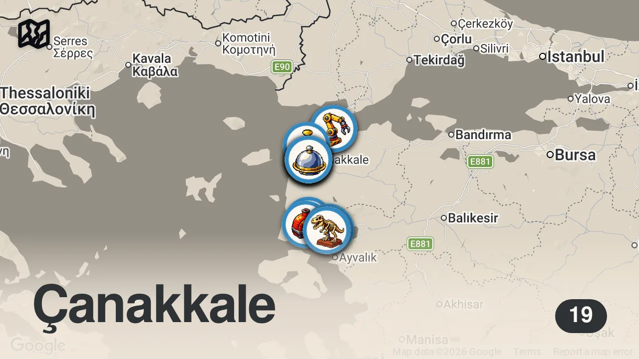 Map of 19 spots from ÇANAKKALE LEZZET REHBERİ | Sardalya, Oğlak Çevirme, Peynir Helvası, Ezine Peyniri, Arnavut Ciğeri