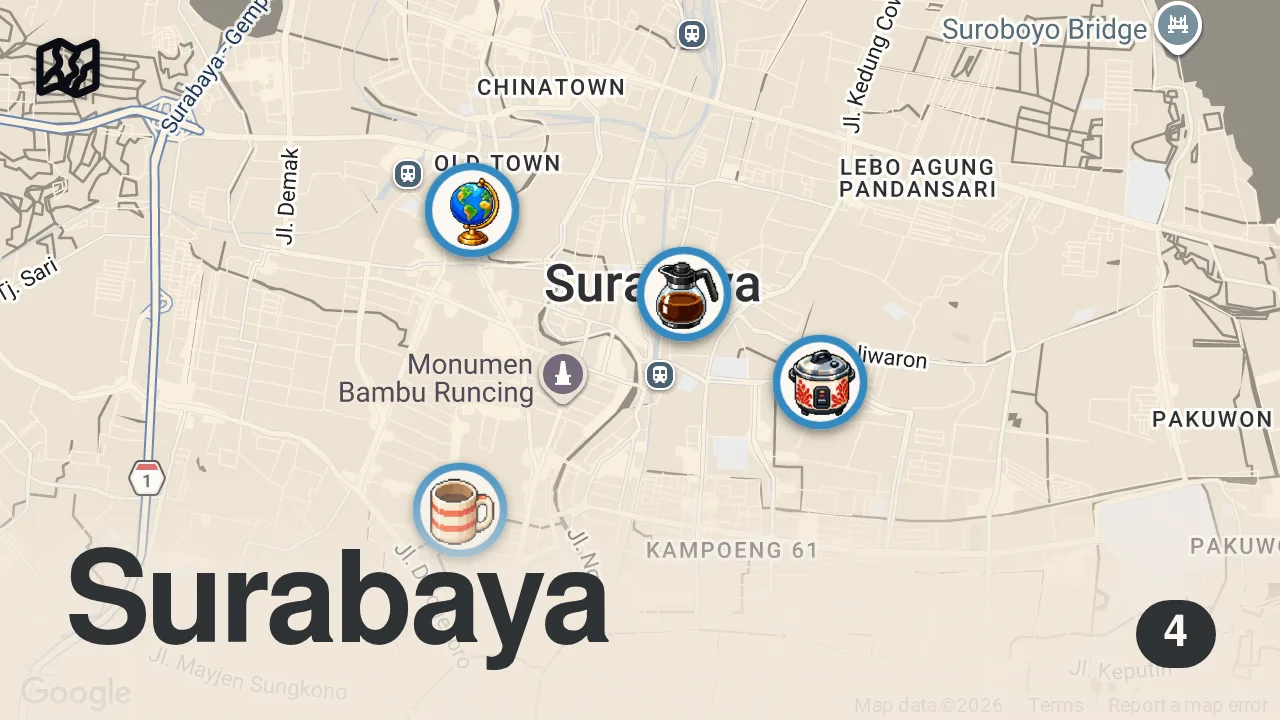 Map of 4 spots from $2 Street Food Indonesia!! SIDEWALK FOOD PARADISE - Best Madura Food!