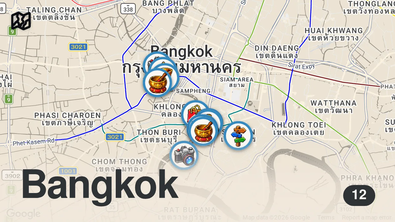 Map of 12 spots from If You Only Have 48 Hours In Bangkok, Do This...
