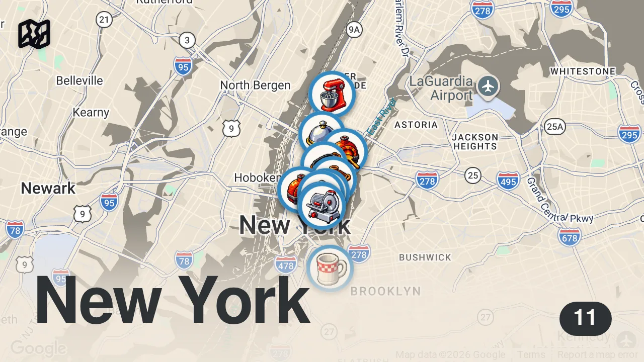 Map of 11 spots from NYC Food You Must Try!! Most Iconic Food in New York City!!