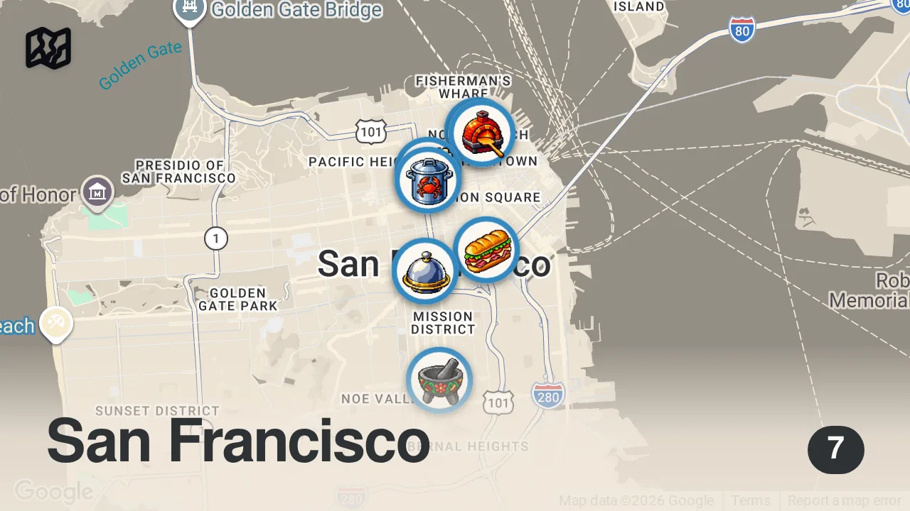 Map of 7 spots from 24 Hours Eating San Francisco's Most FAMOUS Food!