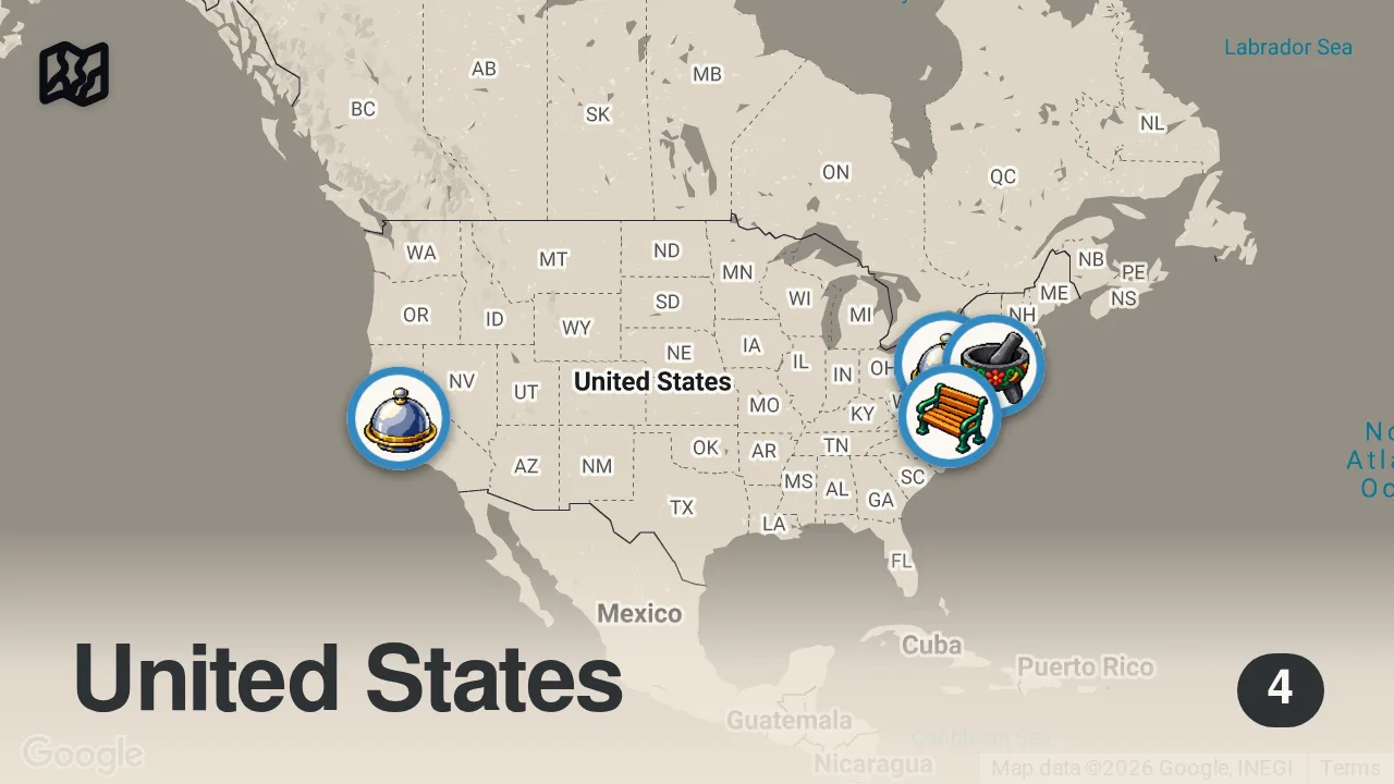 Map of 4 spots from Adam vs. The HOTTEST Hot Wings | Man v. Food | Travel Channel