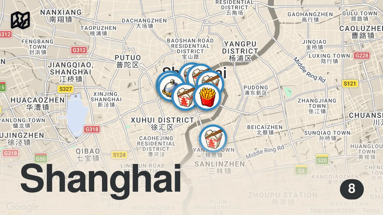 Map of 8 spots from Chinese Street Food!! 24-Hour CHINESE FOOD TOUR in Shanghai, China!!