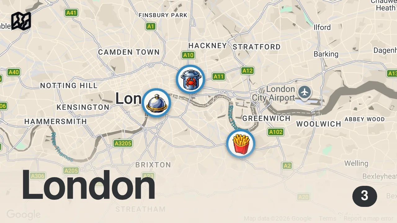 Map of 3 spots from Finding The Best Fish And Chips In London | Food Tours | Insider Food