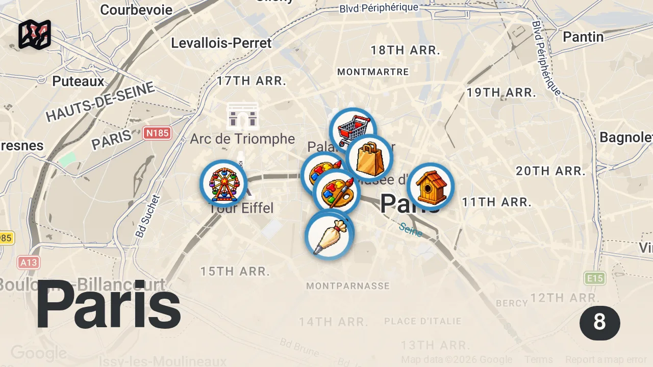 Map of 8 spots from 4 days in Paris travel vlog - museums, cafes, flea market, bakeries, le marais, solo in paris