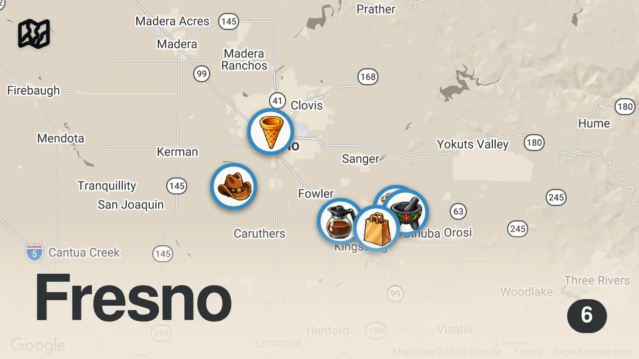 Map of 6 spots from Does it actually suck to live in Fresno?