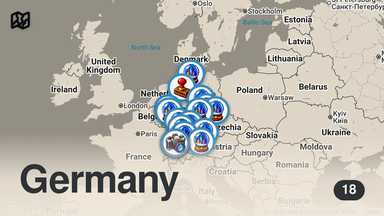 Map of 18 spots from Die 25 schönsten Städte Deutschlands 🇩🇪