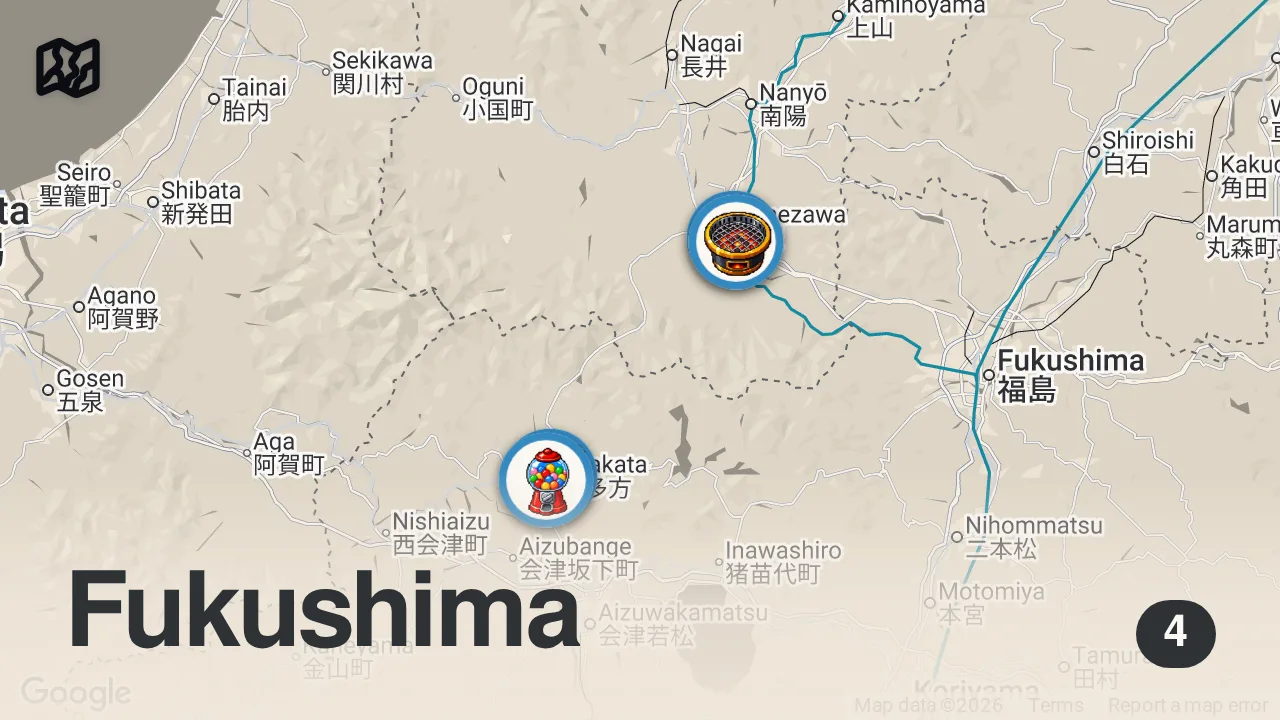 Map of 4 spots from Everything I eat to cycle across Japan! 🍜🇯🇵