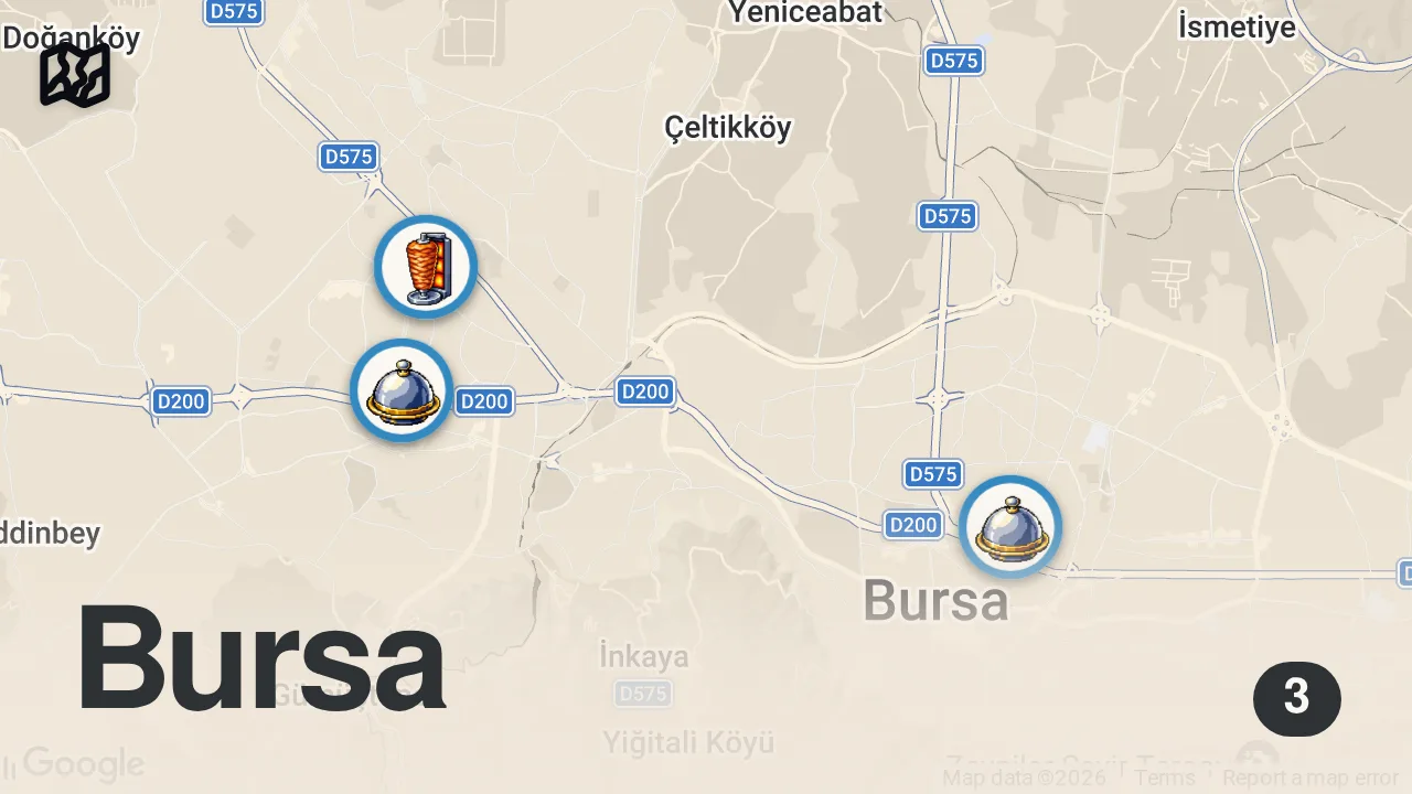 Map of 3 spots from İLK KEZ GÖRECEKSİNİZ! 😊 #shorts #yemek #bursa