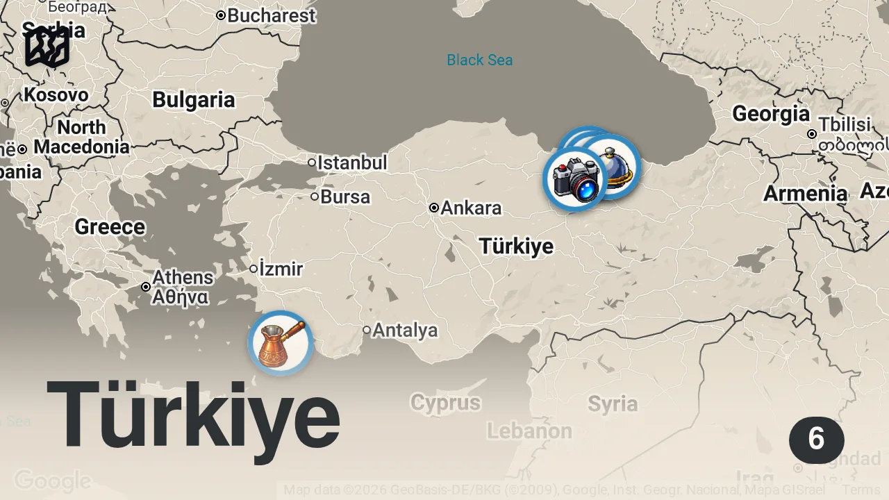 Map of 6 spots from ÇAY TOPLADIM,BALIK YEDİM,PİDEYE GÖMÜLDÜM!